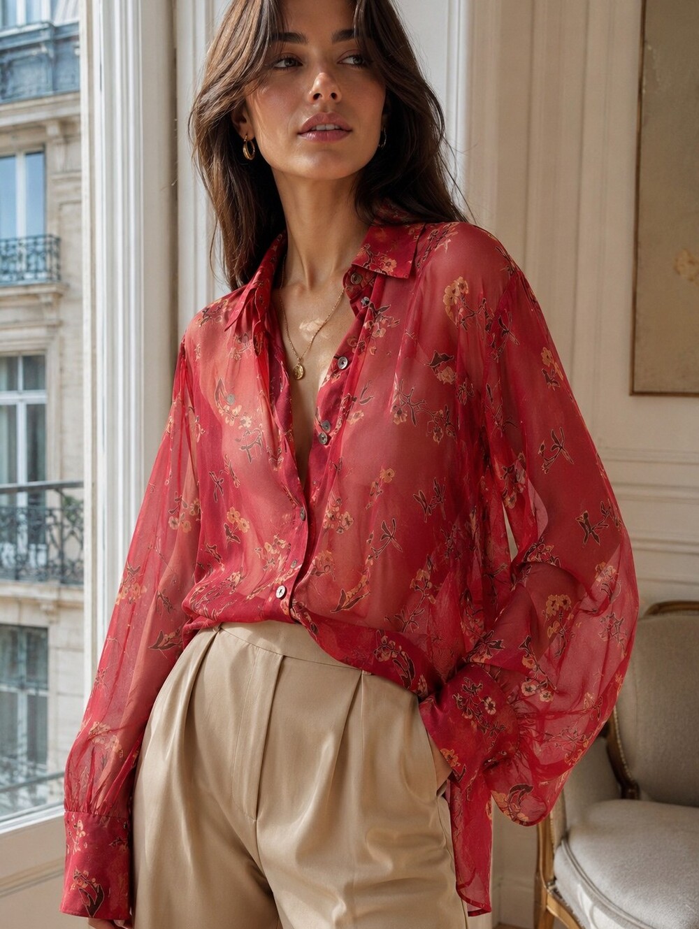 Tess Vintage 90's 100% Silk Sheer Floral Button-Up Blouse in Deep Red Size XL